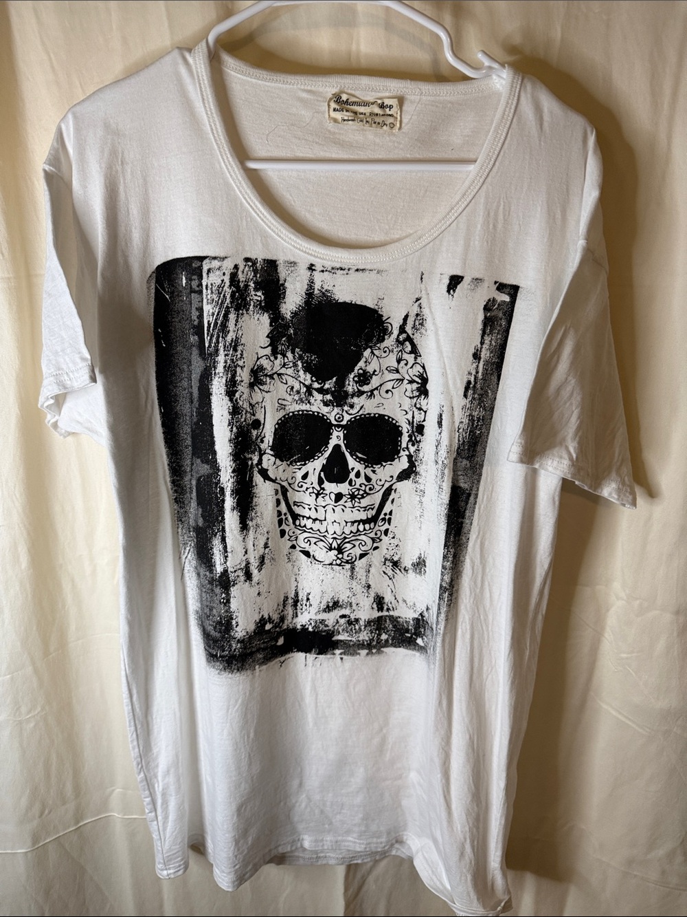 White Short Sleeve Tee with Black Skull Graphic - Brand: